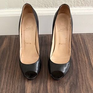 Christian Louboutin Black Patent Peep-Toe Pumps with Nude Insole